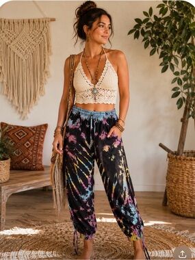 Boho Tie-Dye Harem Jogger Pants Festival Hippie Lounge Beachwear Pockets Grunge